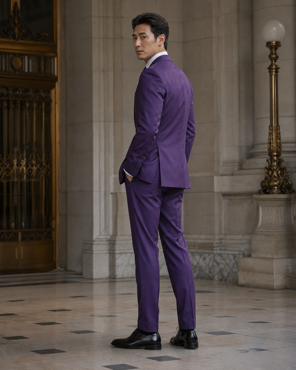 Purple Cotton Outdoor Wedding Suit - Custom Made to Measure side back view