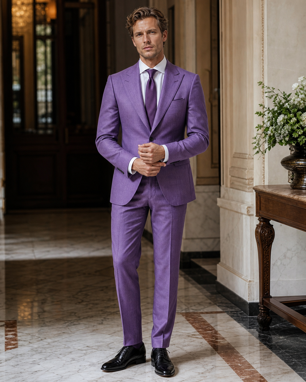 Purple Linen Beach Wedding Suit - Custom Made to Measure front view