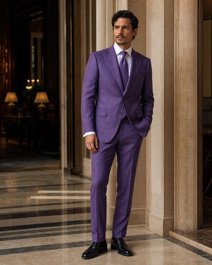 Purple Linen Outdoor Wedding Suit - Custom Made to Measure side back view
