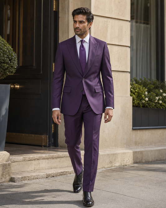 Purple Silk Blend Peak Lapel Suit - Custom Made to Measure front view