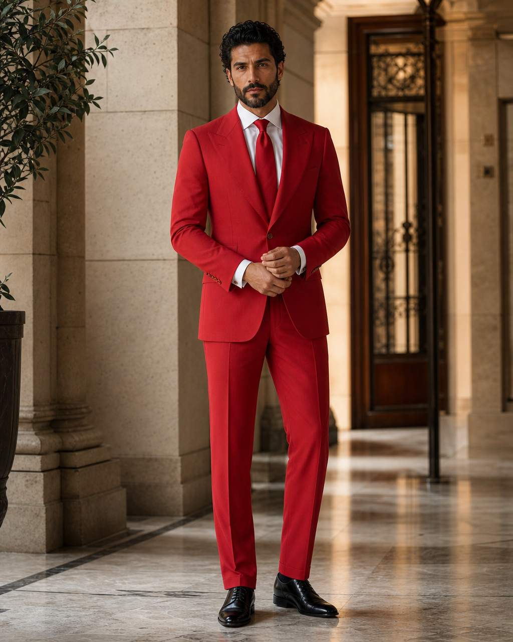 Red Cotton Beach Wedding Suit - Custom Made to Measure front view