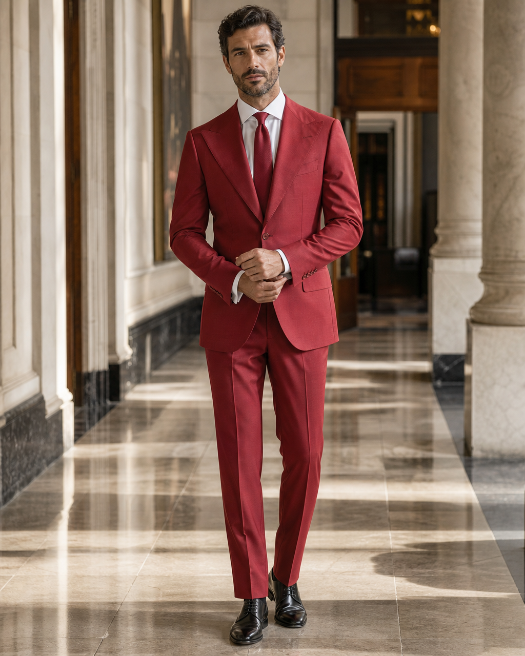 Red Cotton Summer Suit - Custom Made to Measure front view