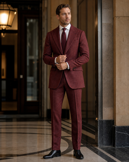 Red Herringbone Winter Suit - Custom Made to Measure front view