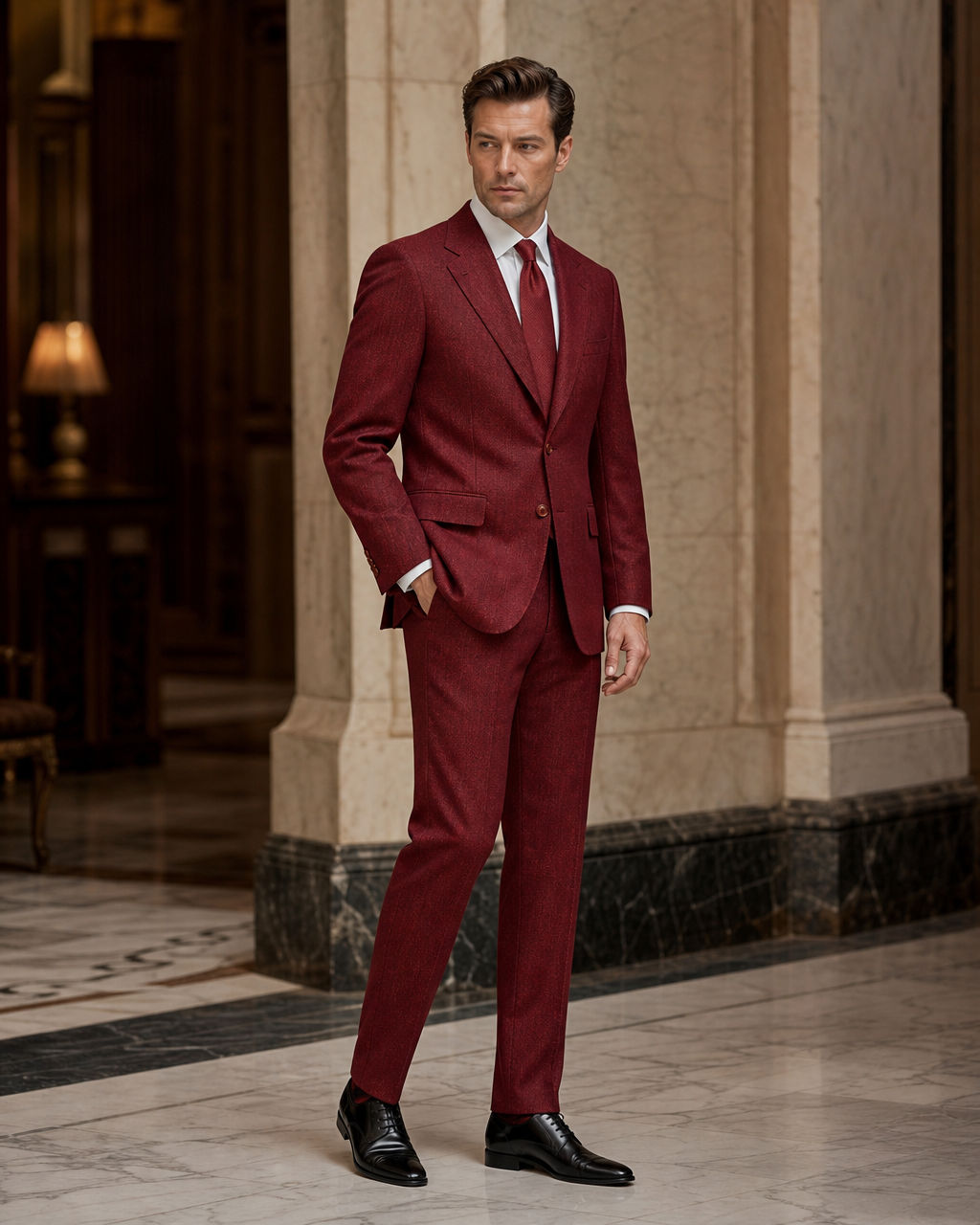 Red Herringbone Winter Suit - Custom Made to Measure side back view