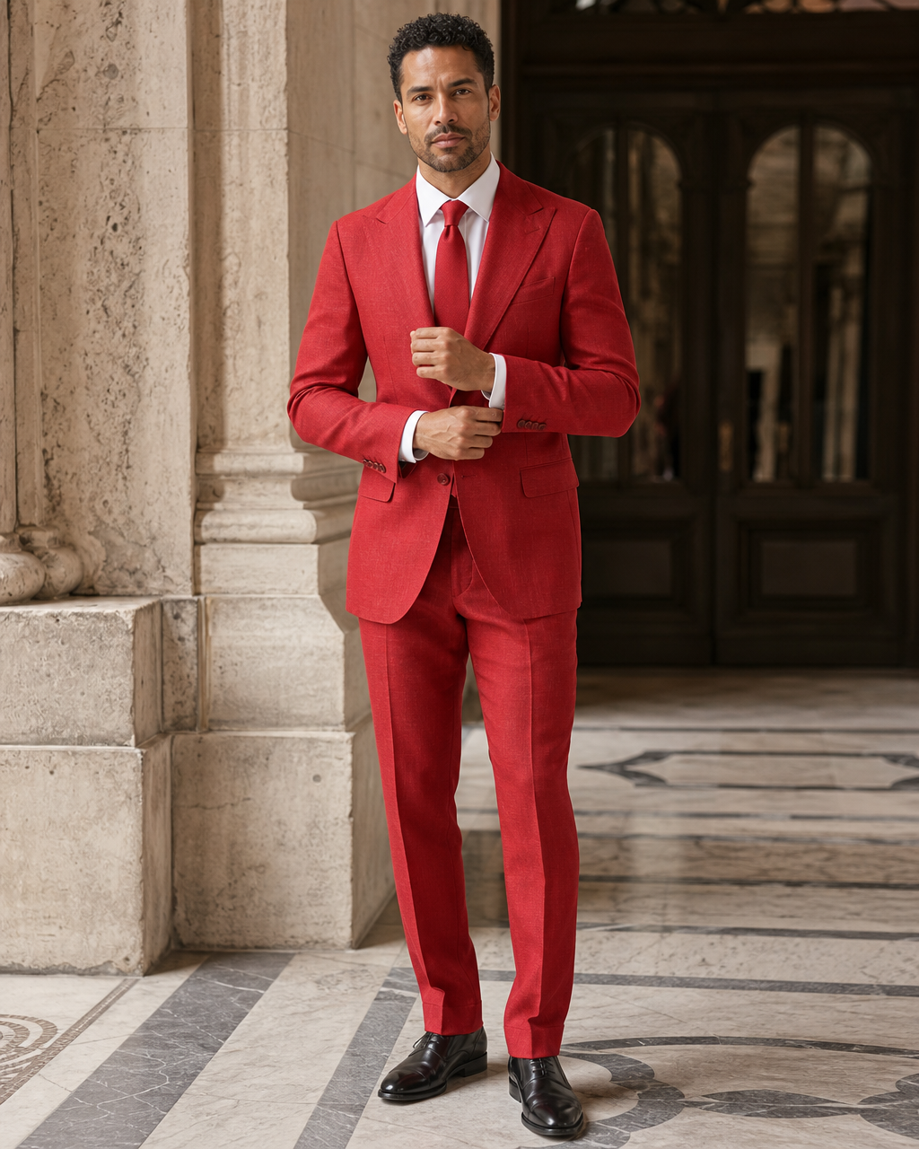 Red Linen Beach Wedding Suit - Custom Made to Measure front view