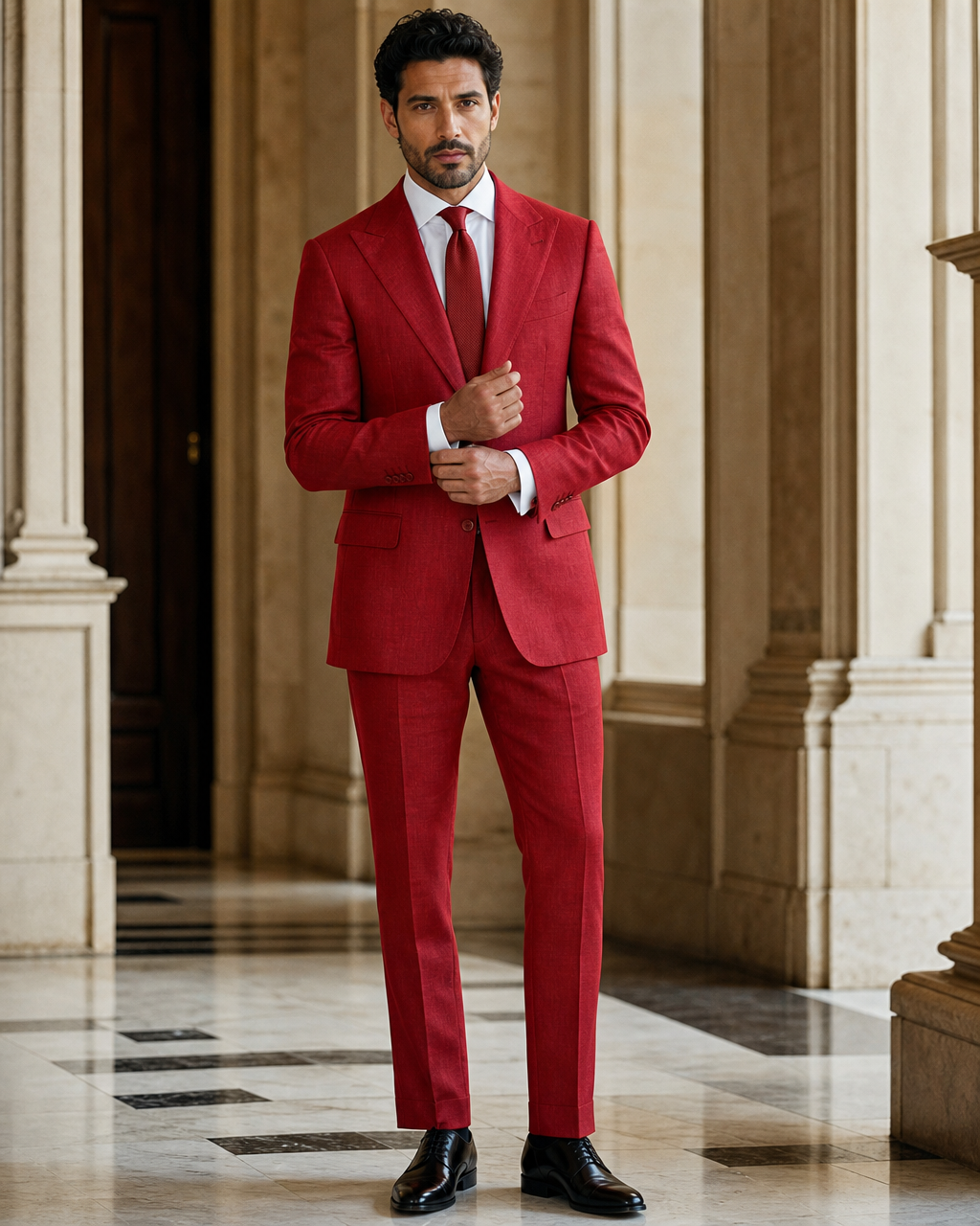Red Linen Outdoor Wedding Suit - Custom Made to Measure front view