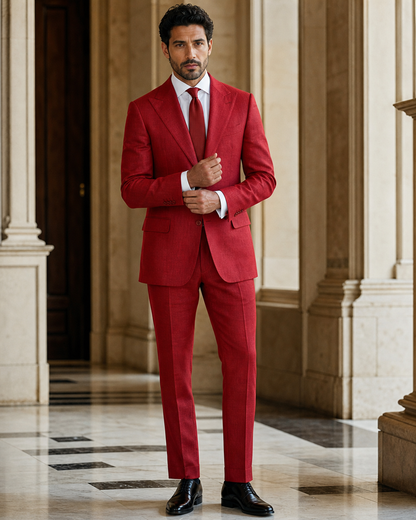 Red Linen Outdoor Wedding Suit - Custom Made to Measure front view