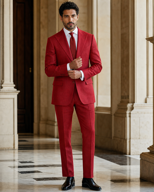 Red Linen Outdoor Wedding Suit - Custom Made to Measure front view