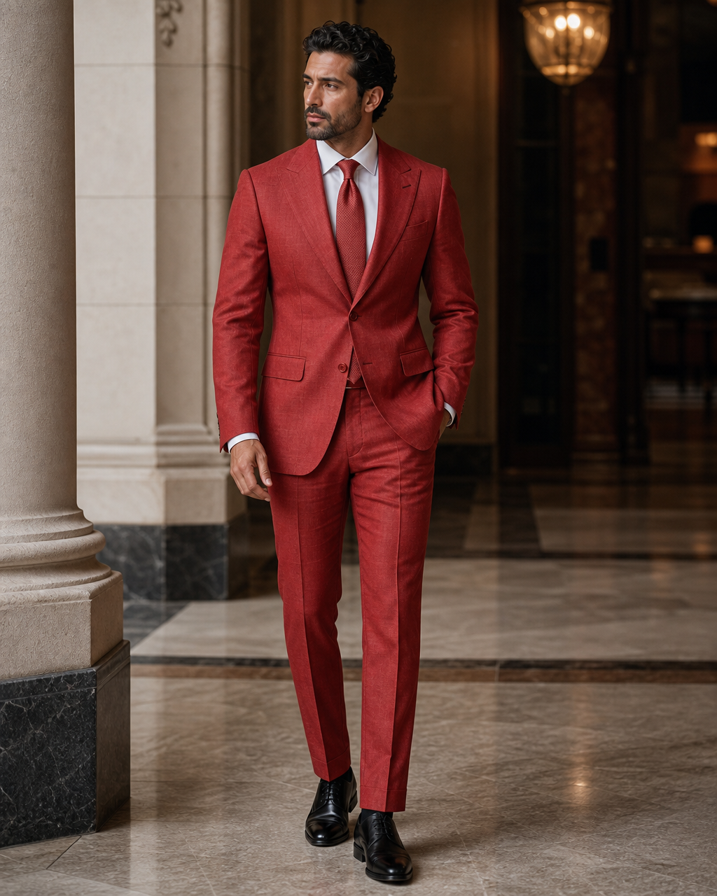 Red Linen Outdoor Wedding Suit - Custom Made to Measure side back view