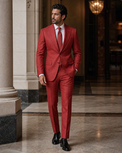 Red Linen Outdoor Wedding Suit - Custom Made to Measure side back view