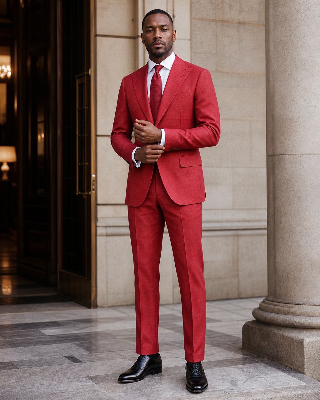 Red Linen Summer Suit - Custom Made to Measure front view