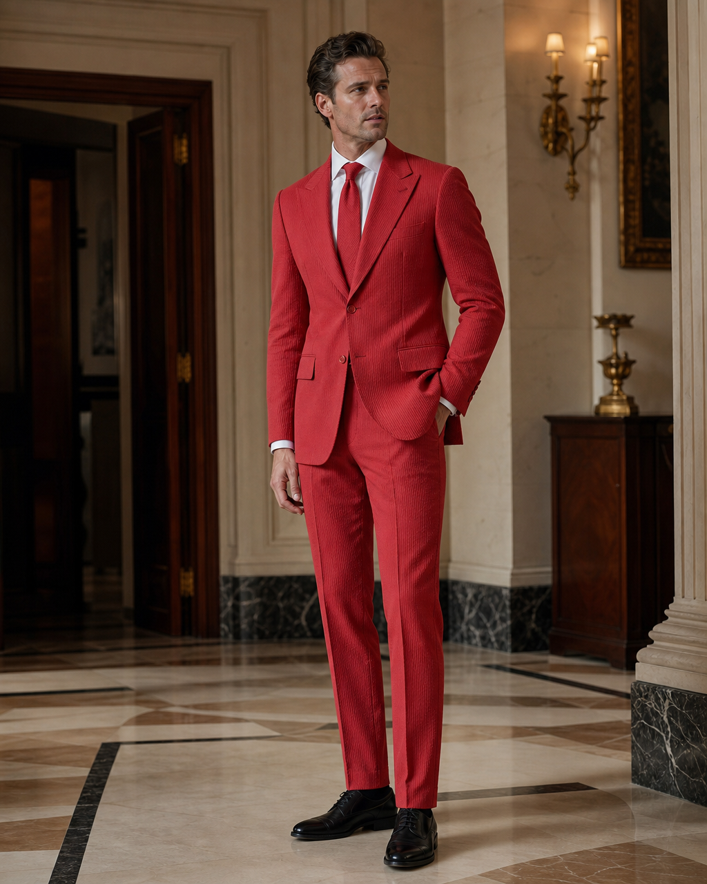 Red Seersucker Beach Wedding Suit - Custom Made to Measure side back view