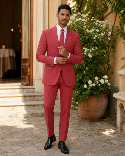 Red Seersucker Outdoor Wedding Suit — Custom Made to Measure front view