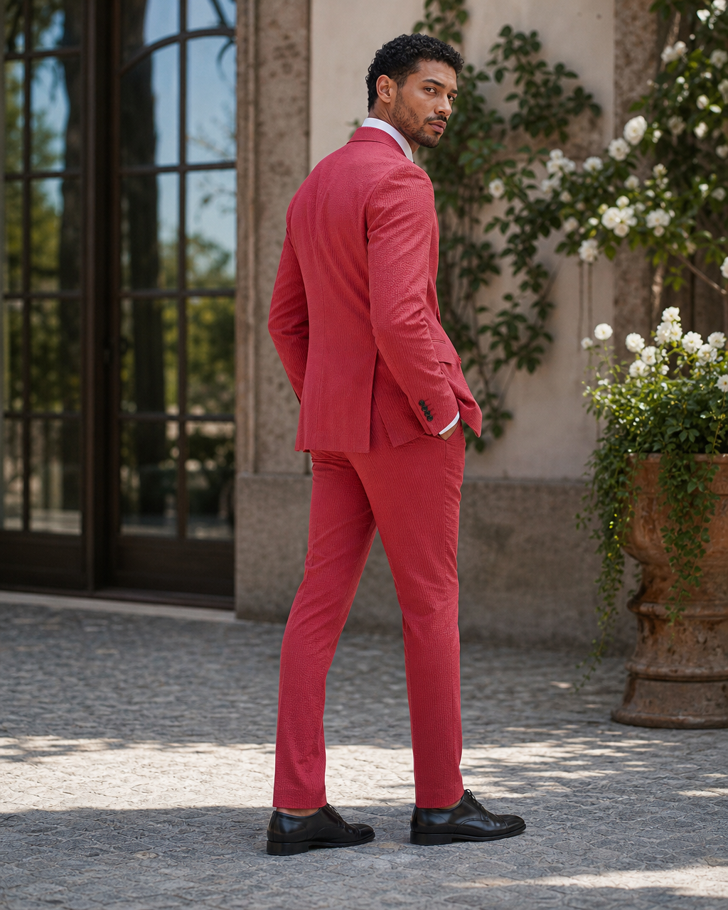 Red Seersucker Outdoor Wedding Suit — Custom Made to Measure side back view