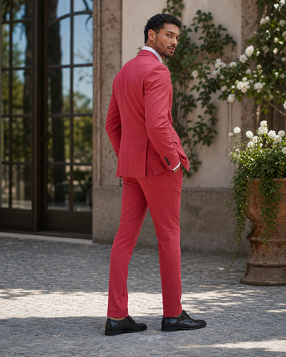 Red Seersucker Outdoor Wedding Suit — Custom Made to Measure side back view