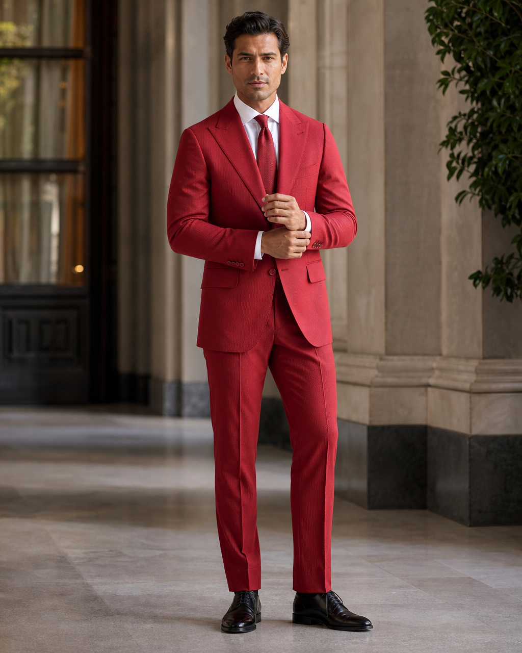 Red Seersucker Summer Suit - Custom Made to Measure front view