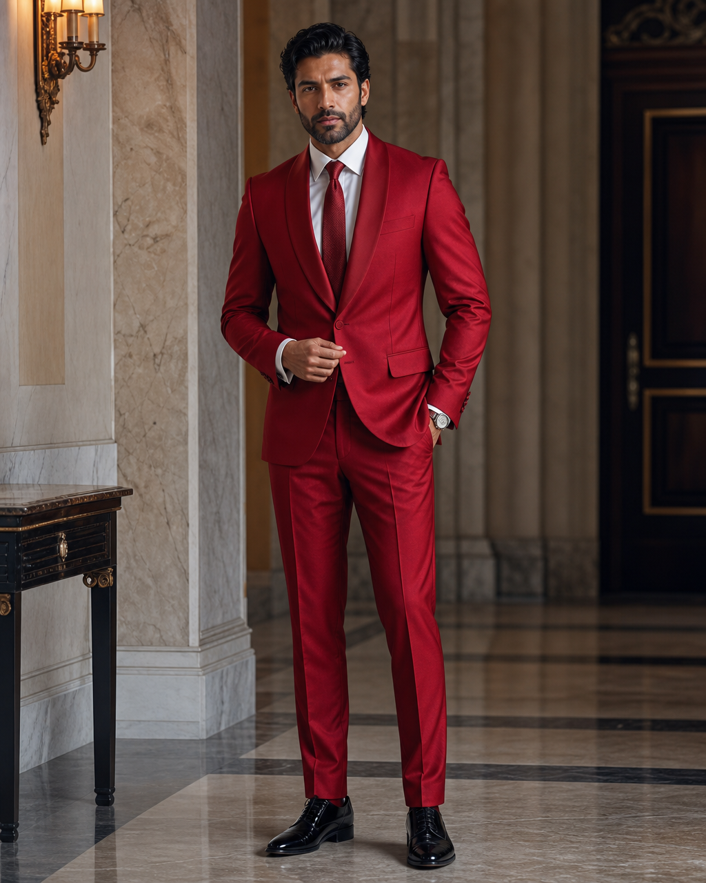 Red Silk Blend Shawl Lapel Suit - Custom Made to Measure front view