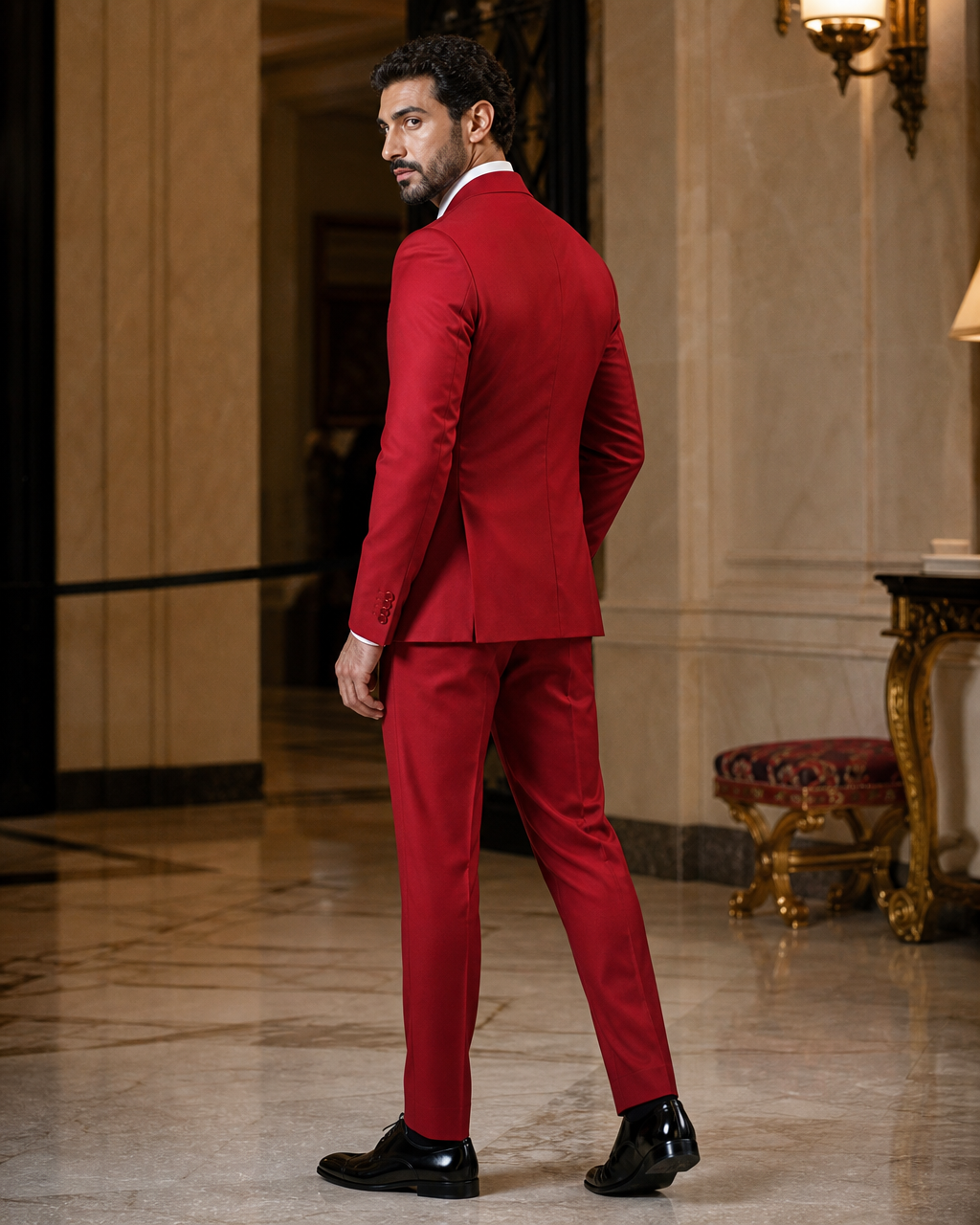 Red Silk Blend Shawl Lapel Suit - Custom Made to Measure side back view