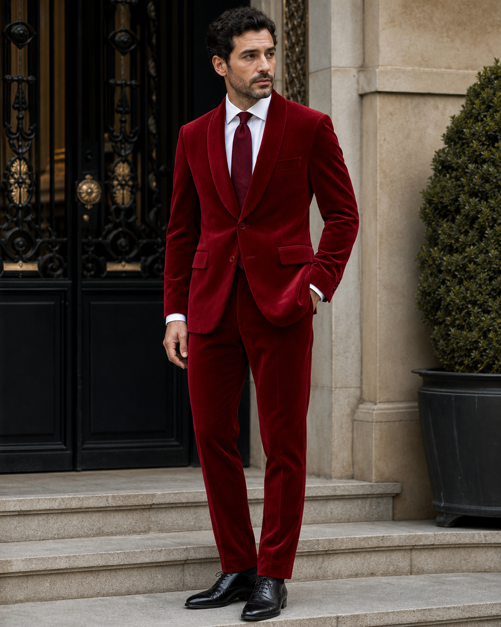 Red Velvet Shawl Lapel Suit - Custom Made to Measure fabric texture close up