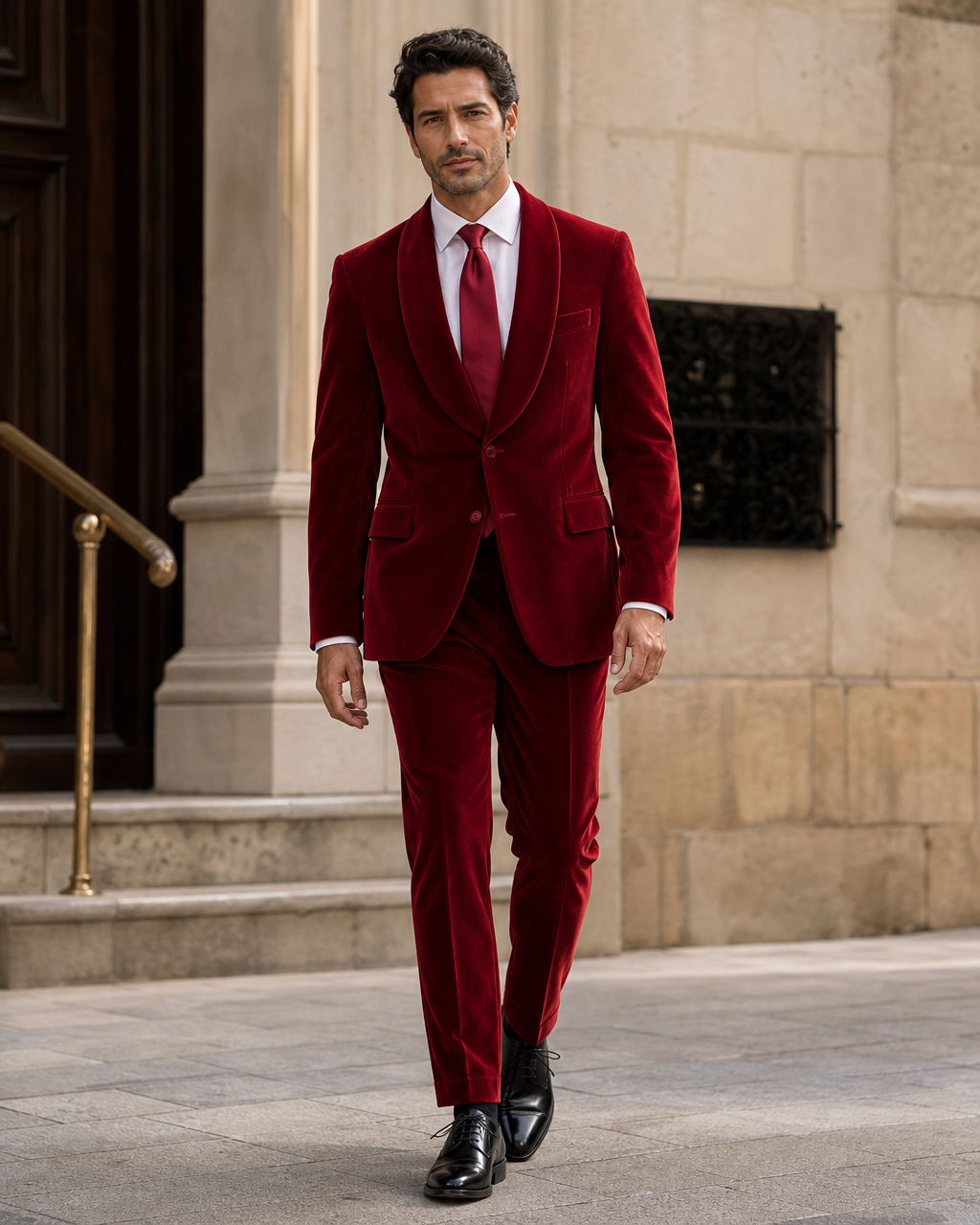 Red Velvet Shawl Lapel Suit - Custom Made to Measure front view
