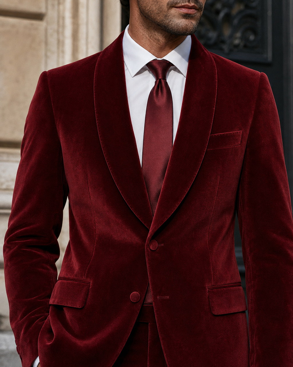 Red Velvet Shawl Lapel Suit - Custom Made to Measure lapel chest close up