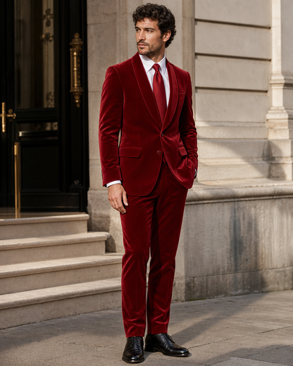 Red Velvet Shawl Lapel Suit - Custom Made to Measure side three quarter view