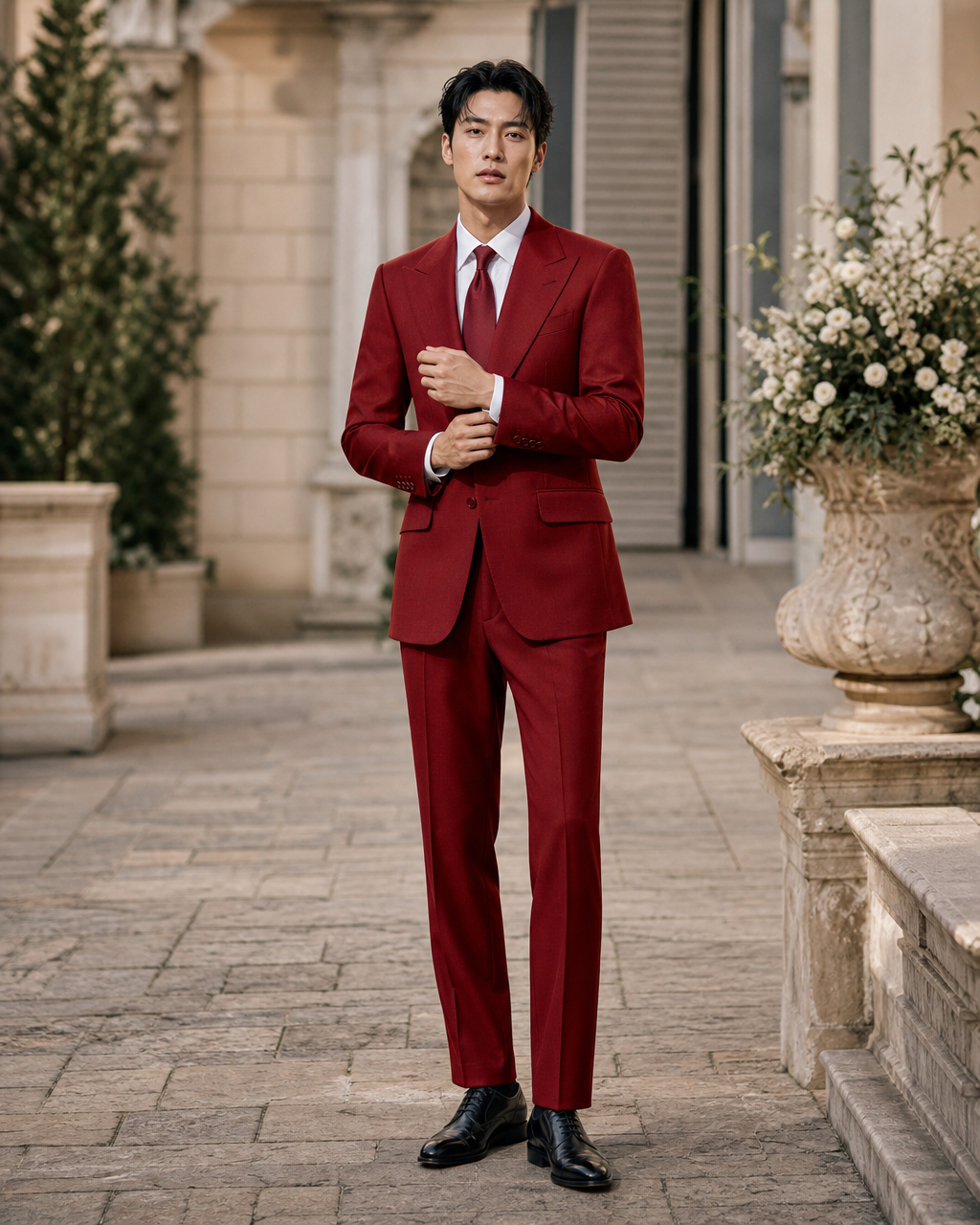 Red Wool Outdoor Wedding Suit — Custom Made to Measure front view
