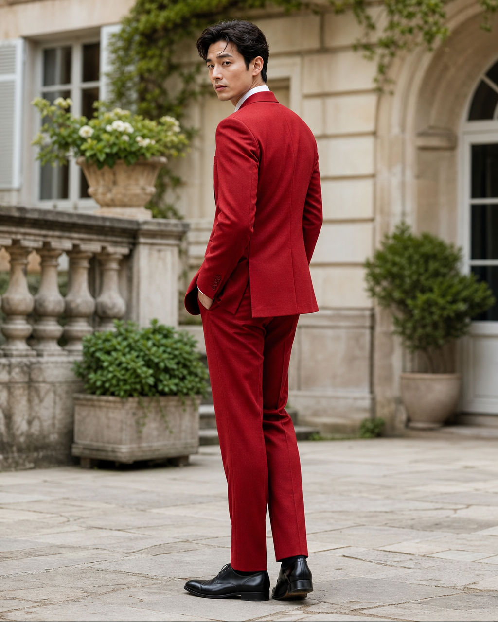 Red Wool Outdoor Wedding Suit — Custom Made to Measure side back view