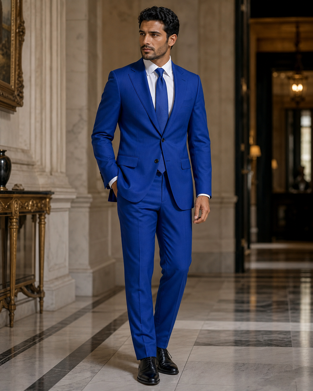 Royal Blue Cotton Beach Wedding Suit - Custom Made to Measure side back view
