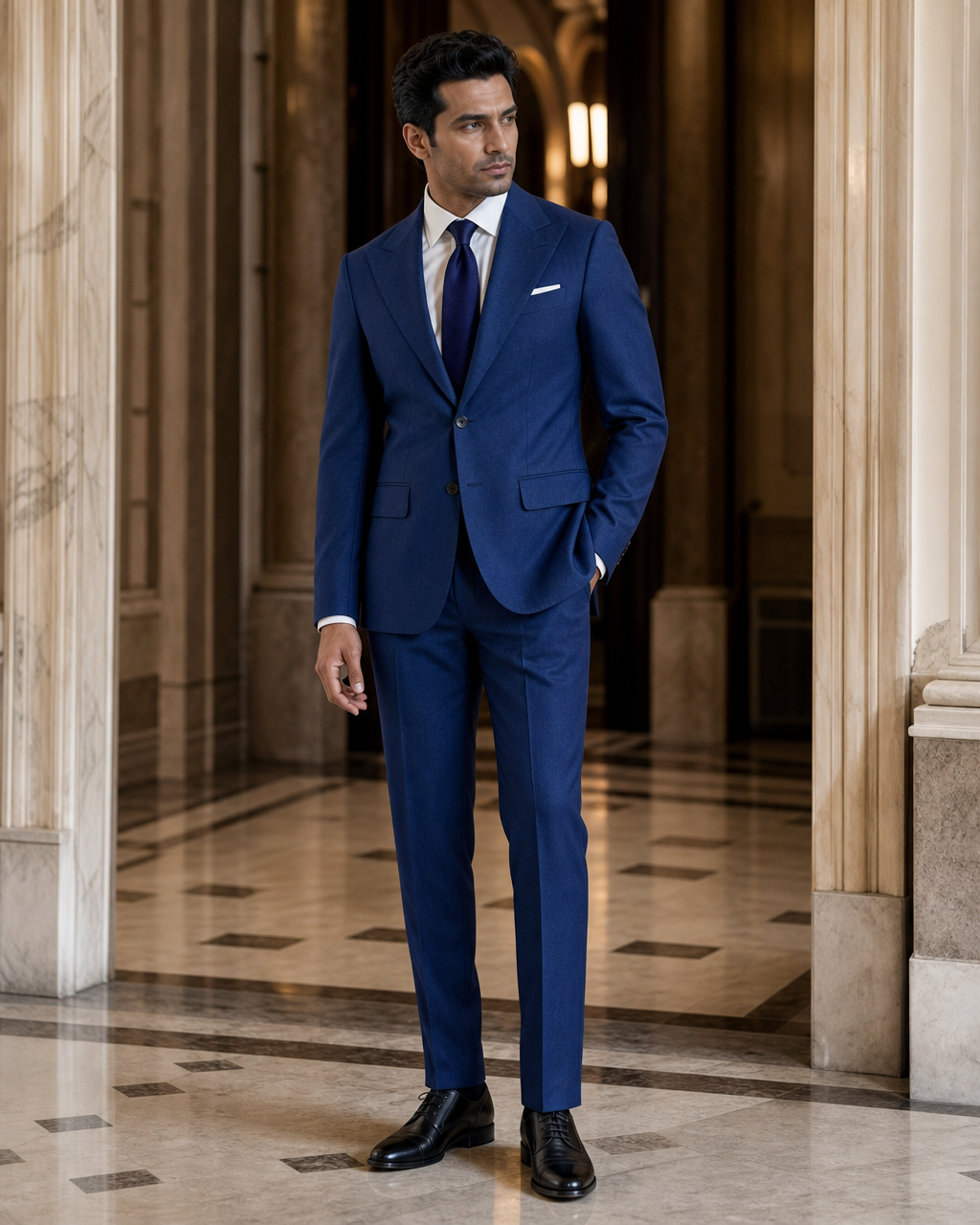 Royal Blue Flannel Winter Suit - Custom Made to Measure side back view