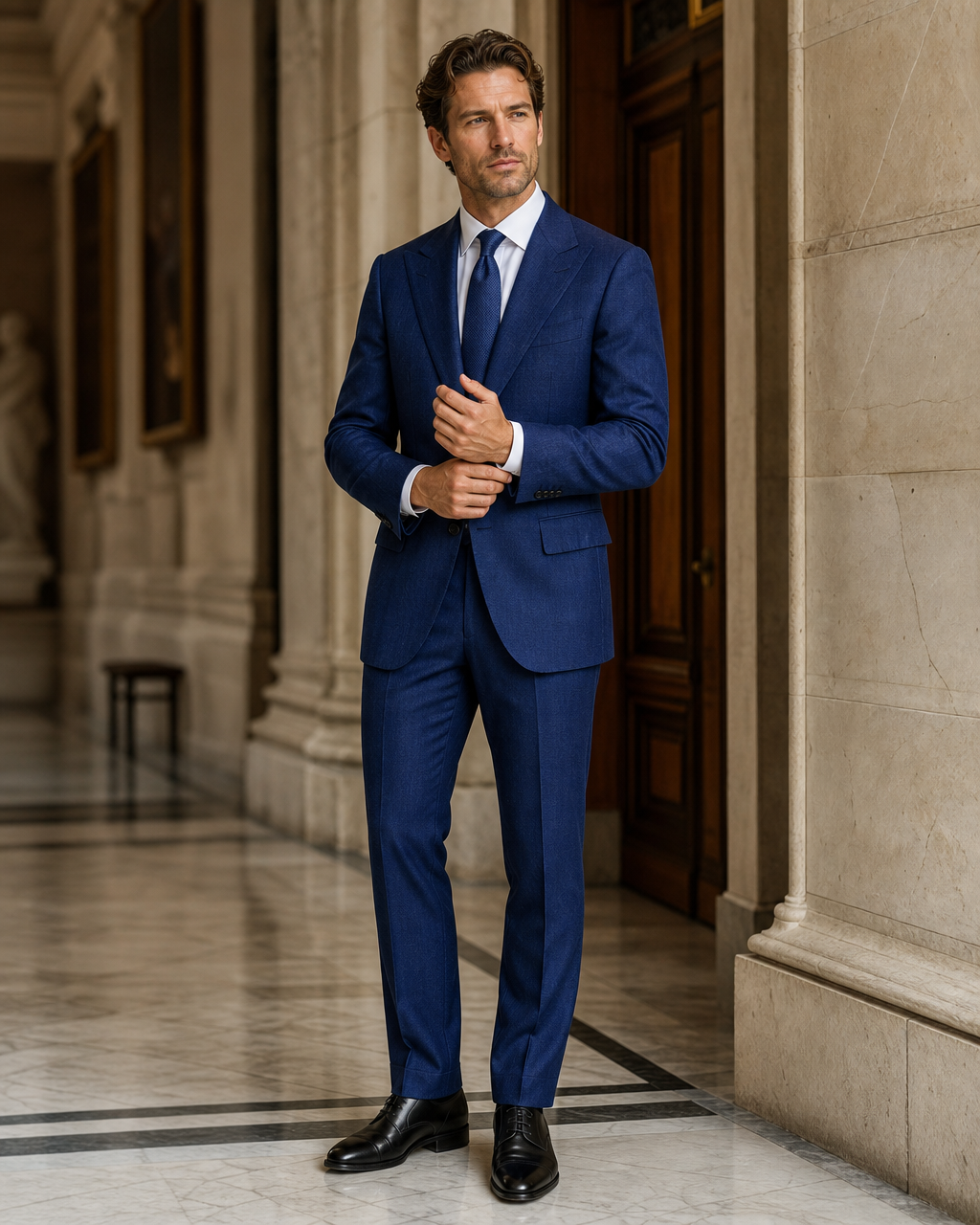 Royal Blue Herringbone Winter Suit - Custom Made to Measure front view