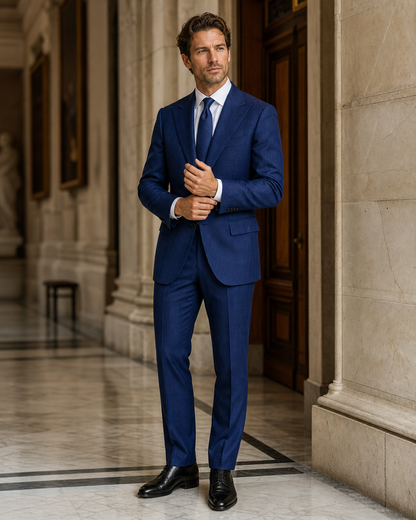 Royal Blue Herringbone Winter Suit - Custom Made to Measure front view
