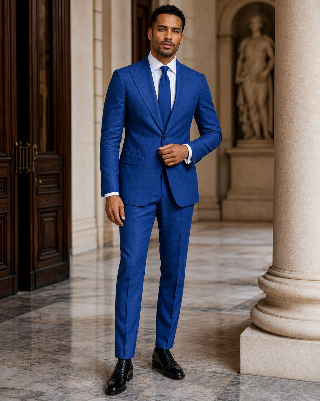 Royal Blue Linen Beach Wedding Suit - Custom Made to Measure front view