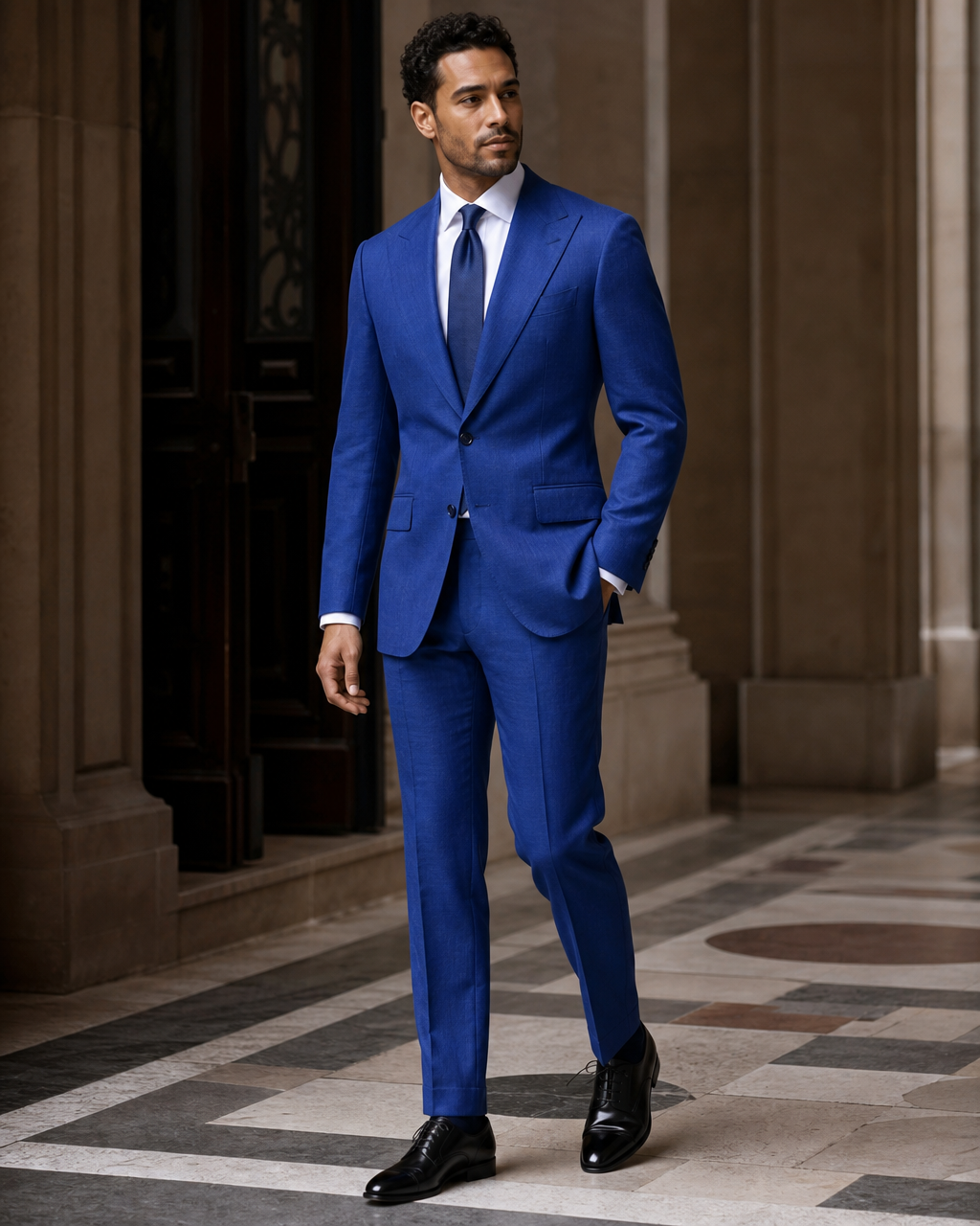 Royal Blue Linen Beach Wedding Suit - Custom Made to Measure side back view