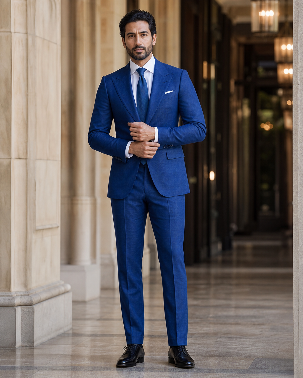 Royal Blue Linen Outdoor Wedding Suit - Custom Made to Measure front view