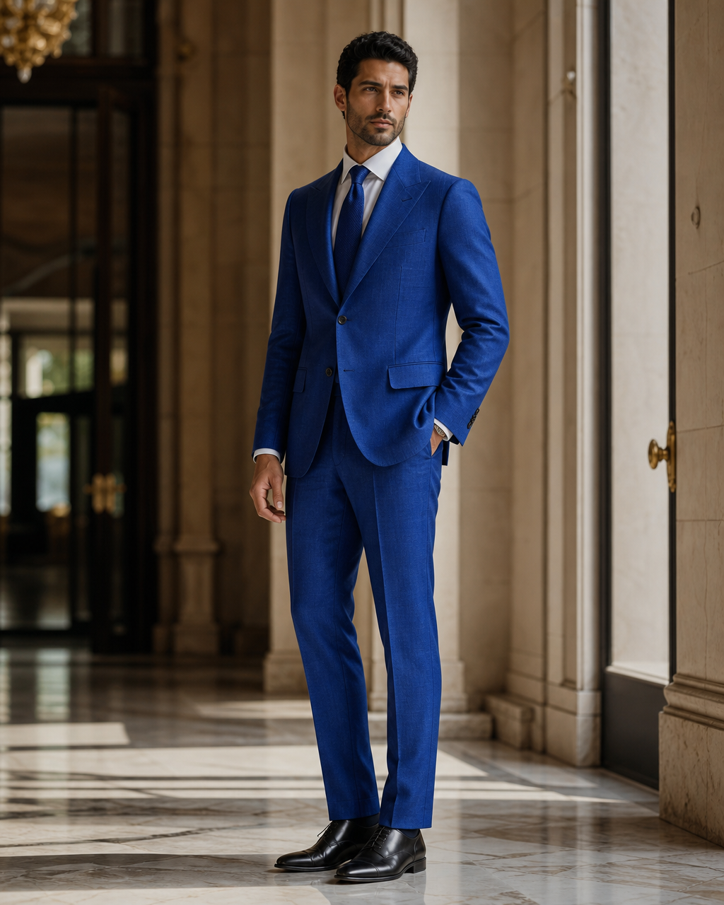 Royal Blue Linen Outdoor Wedding Suit - Custom Made to Measure side back view
