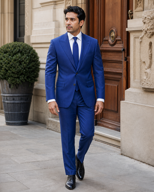 Royal Blue Linen Peak Lapel Suit - Custom Made to Measure front view