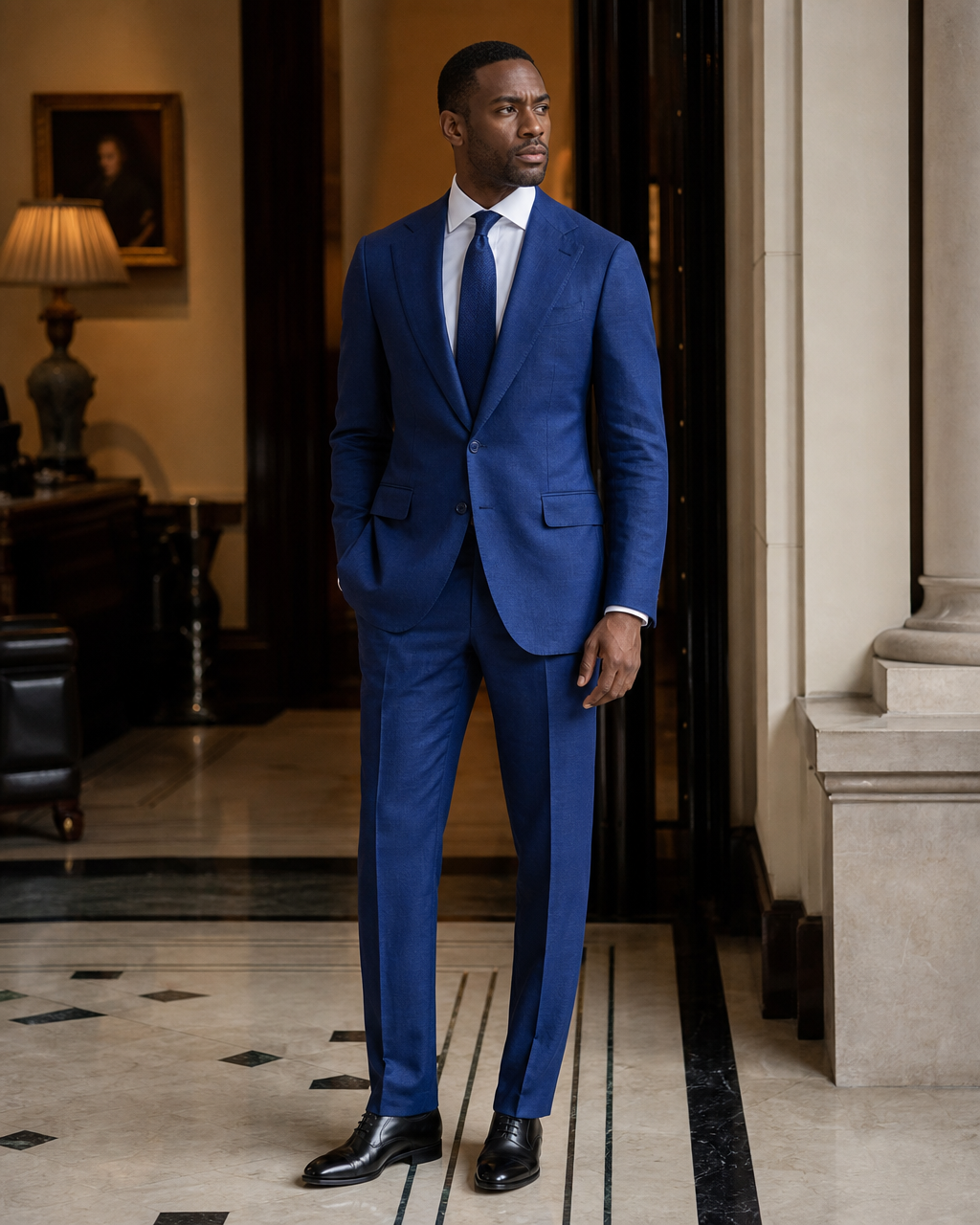 Royal Blue Linen Summer Suit - Custom Made to Measure side back view