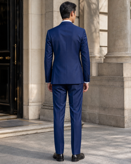Royal Blue Silk Blend Peak Lapel Suit - Custom Made to Measure back view