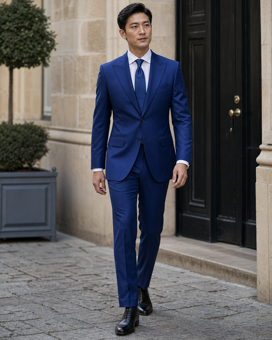 Royal Blue Silk Blend Peak Lapel Suit - Custom Made to Measure front view