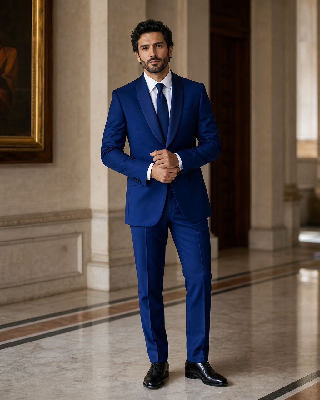 Royal Blue Silk Blend Shawl Lapel Suit - Custom Made to Measure front view