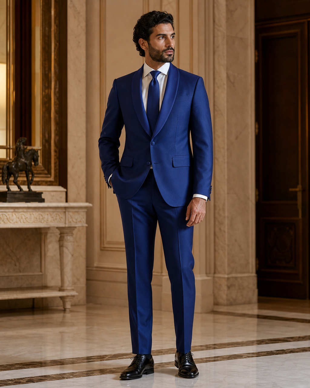 Royal Blue Silk Blend Shawl Lapel Suit - Custom Made to Measure side back view