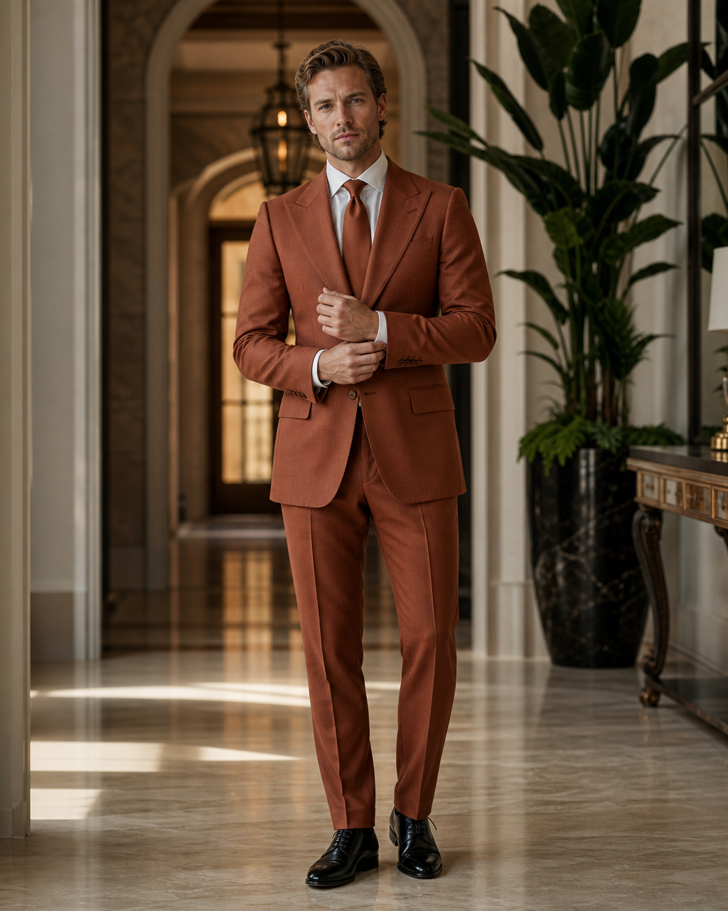 Rust Cotton Beach Wedding Suit - Custom Made to Measure front view
