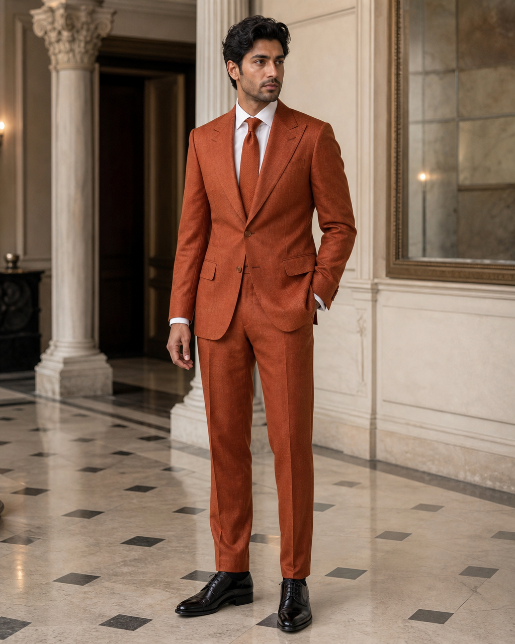 Rust Linen Beach Wedding Suit - Custom Made to Measure side back view