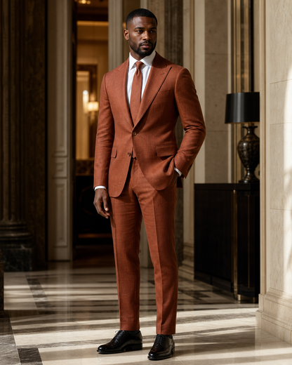 Rust Linen Outdoor Wedding Suit - Custom Made to Measure side back view