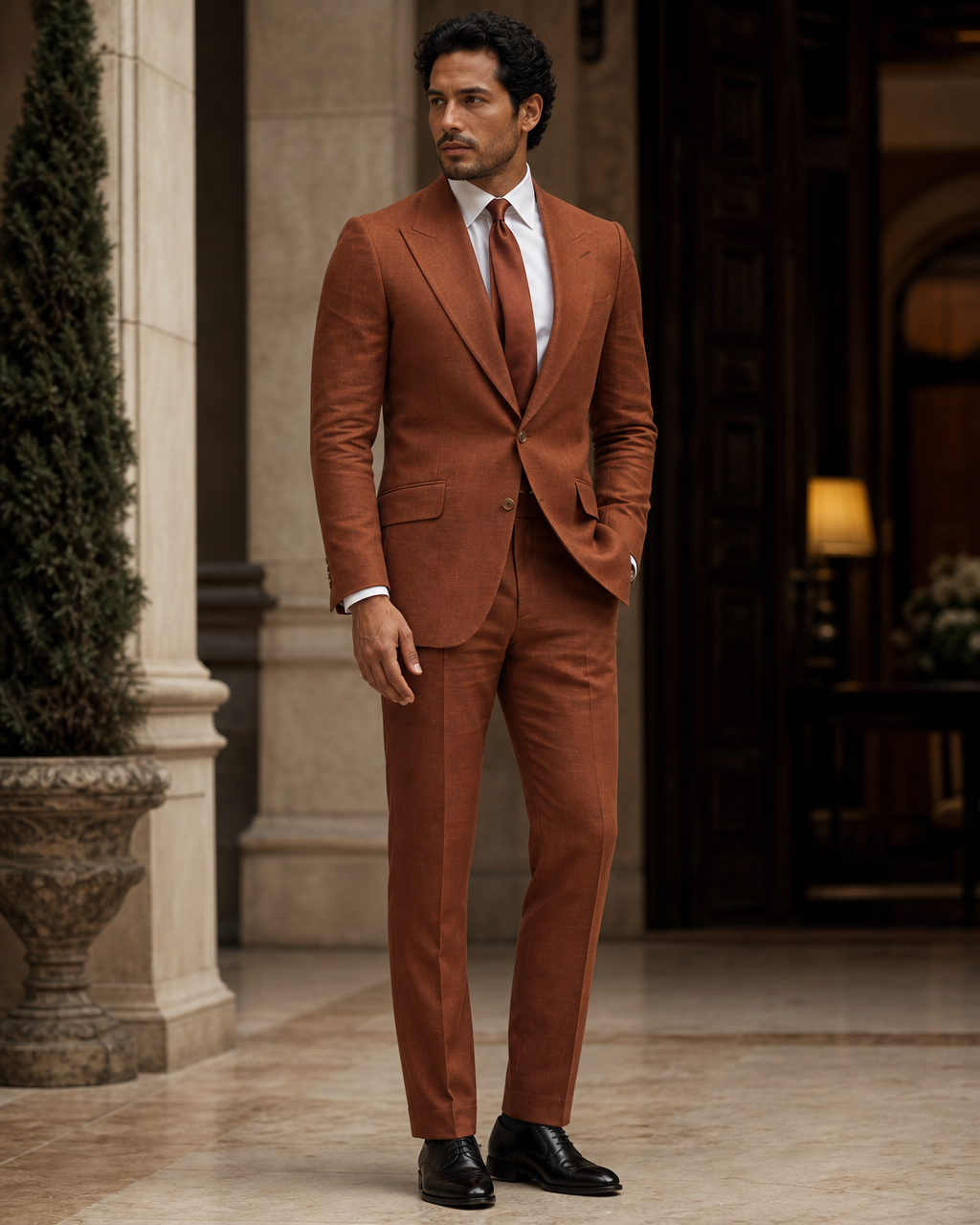Rust Linen Summer Suit - Custom Made to Measure side back view