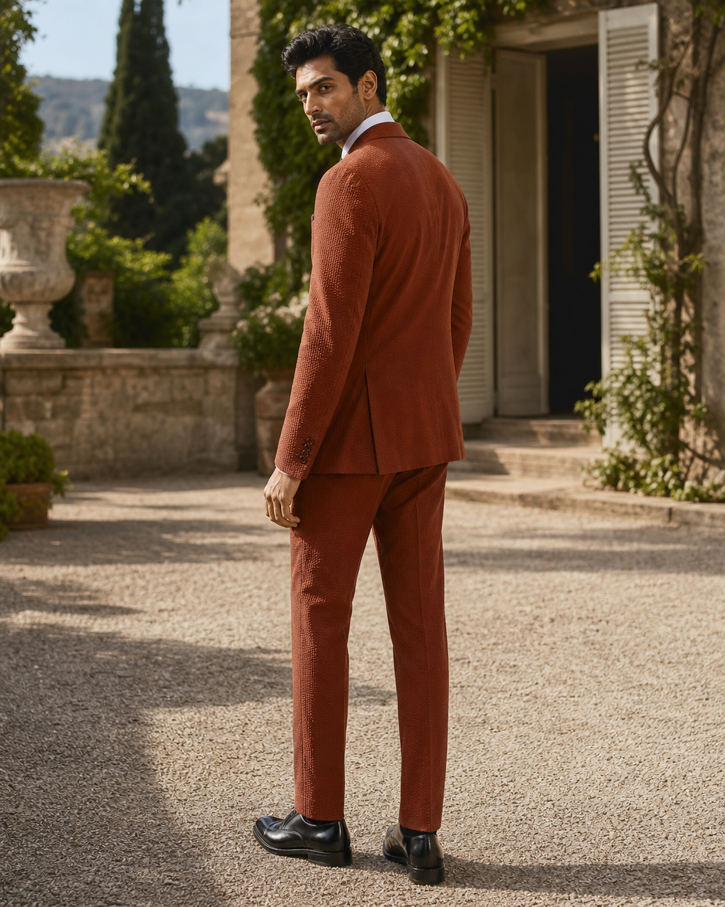 Rust Seersucker Outdoor Wedding Suit — Custom Made to Measure side back view