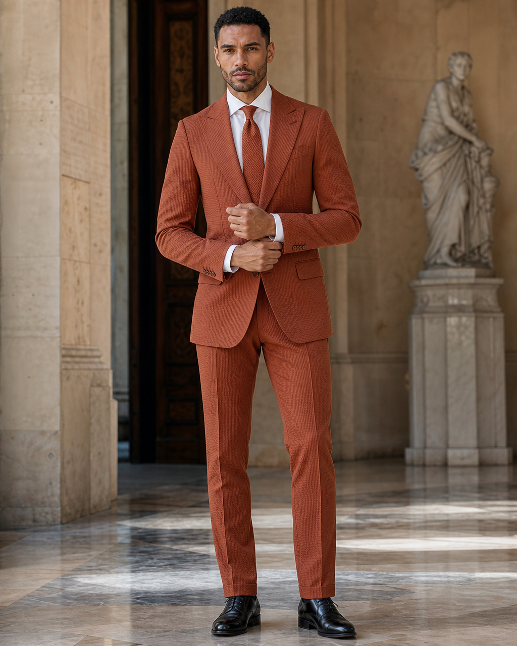 Rust Seersucker Summer Suit - Custom Made to Measure front view