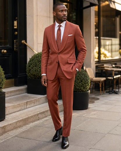 Rust Silk Blend Shawl Lapel Suit - Custom Made to Measure craftsmanship detail close up