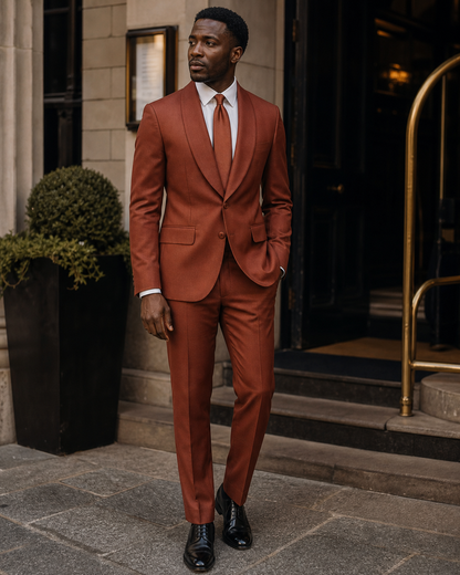 Rust Silk Blend Shawl Lapel Suit - Custom Made to Measure fabric texture close up